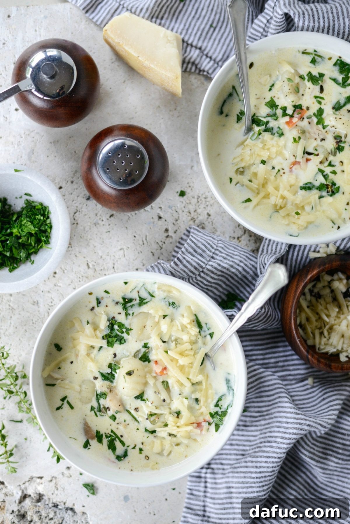 A close-up of Creamy Chicken Gnocchi Soup in a bowl