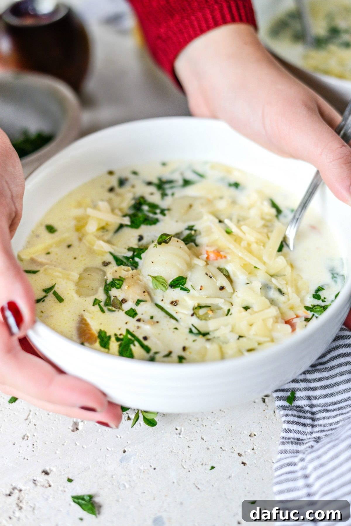 A bowl of Creamy Chicken Gnocchi Soup ready to be served