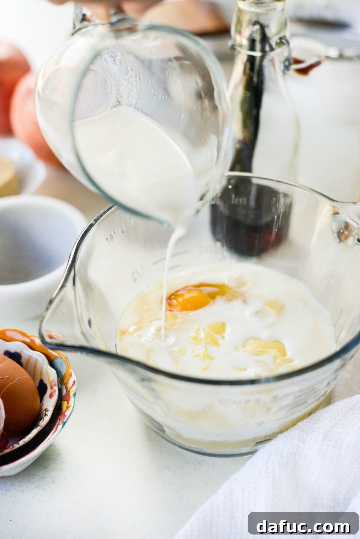 Sweet Caramel Apple Skillet Puff 5 Ingredients for Dutch Baby batter: flour, milk, eggs, sugar, vanilla extract, butter.