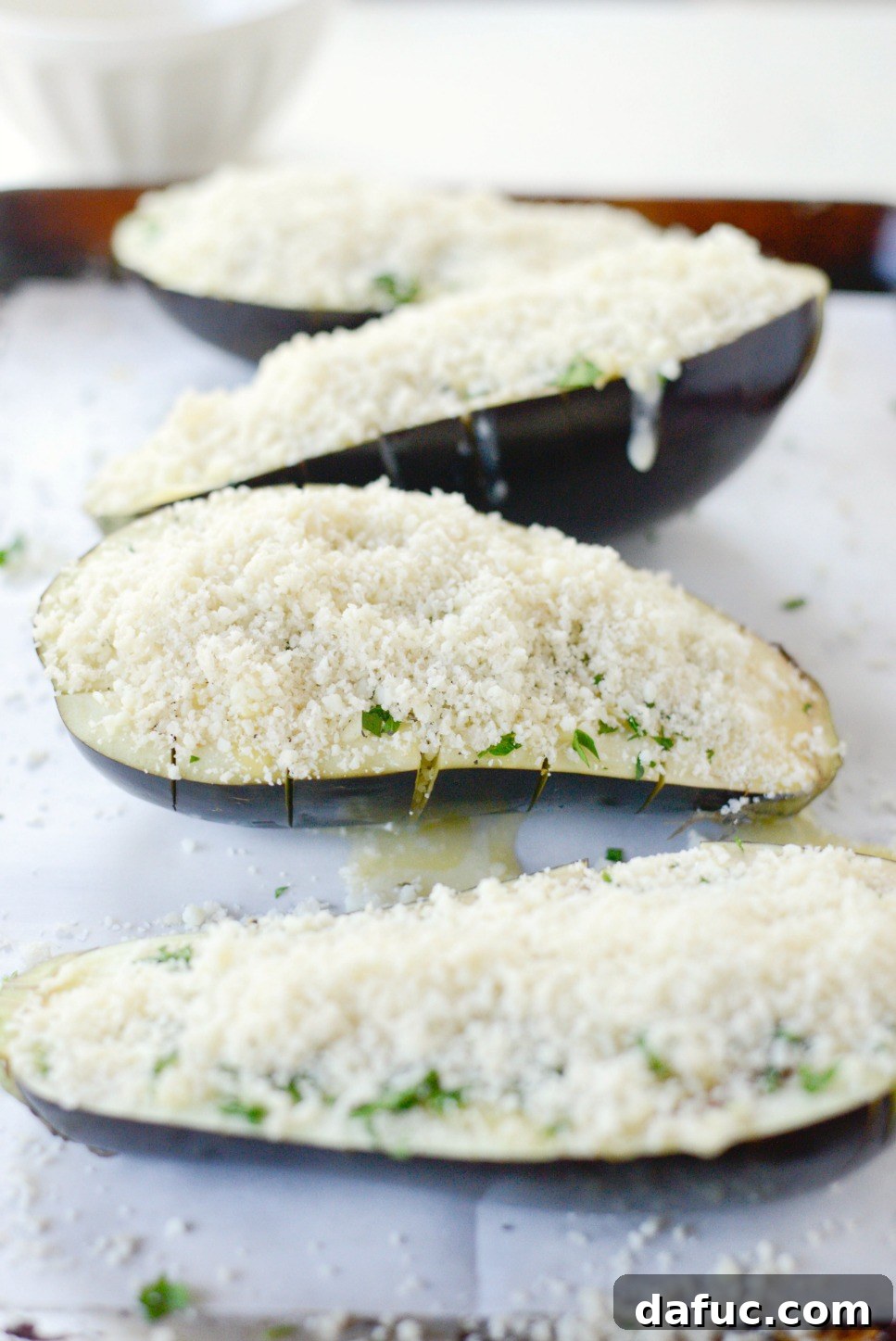 Pecorino Crusted Eggplant Bake 8 top with pecorino breadcrumbs