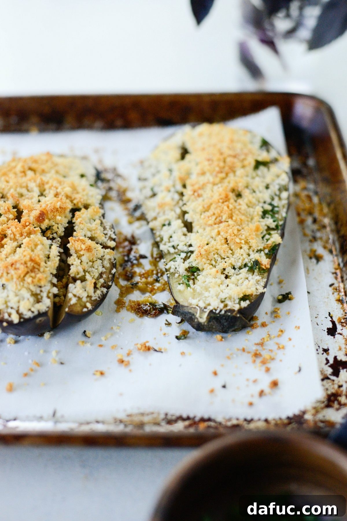 Pecorino Crusted Eggplant Bake 9 Baked Eggplant with Pecorino Crumbs out of the oven.