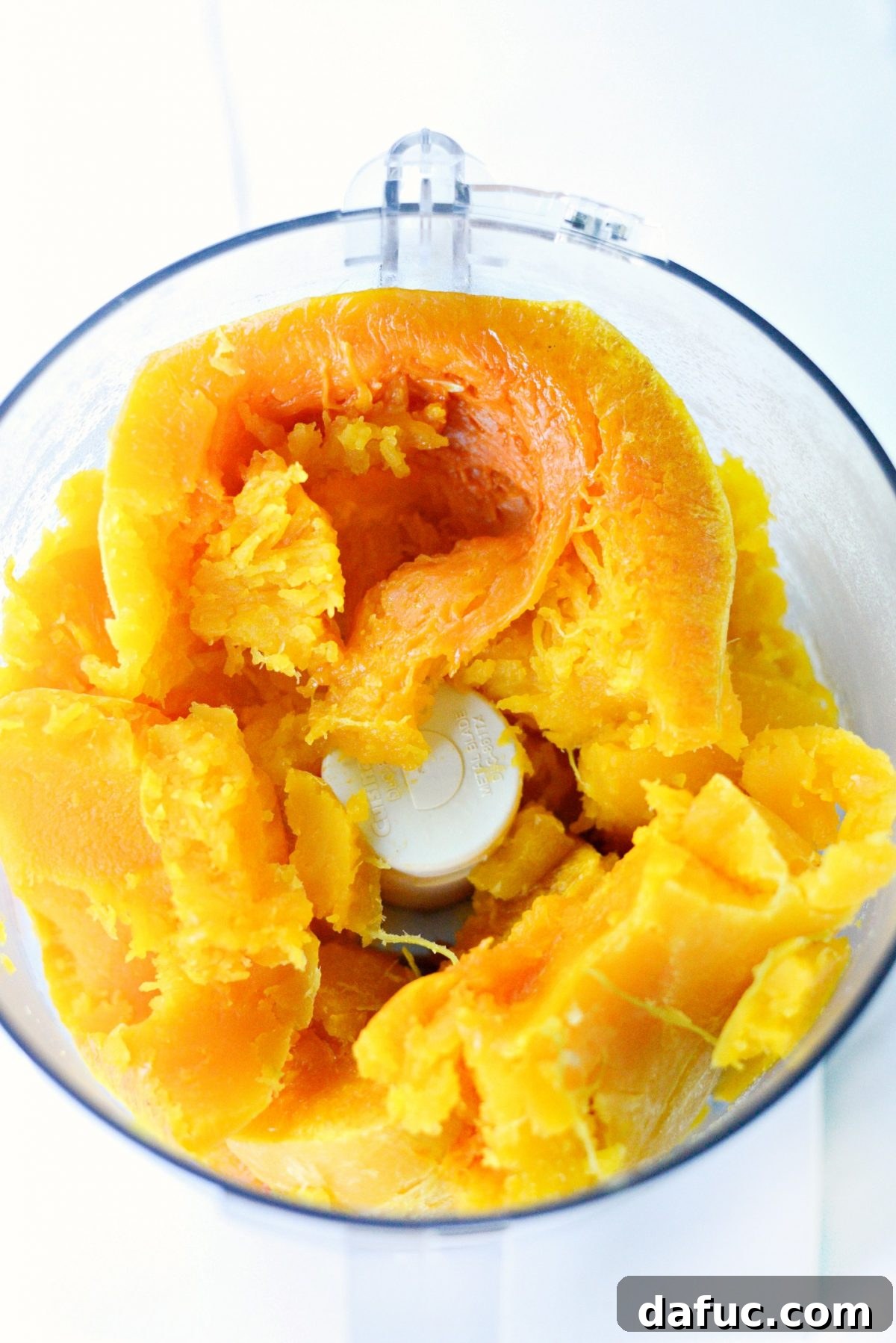 Adding scooped butternut squash flesh into the bowl of a food processor.