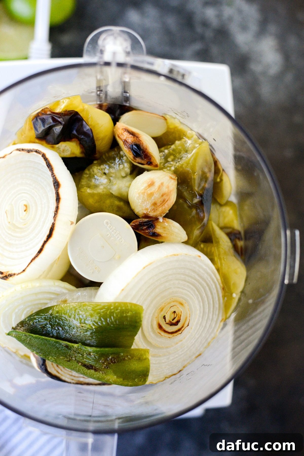 Effortless Zingy Tomatillo Salsa Verde 8 Peeled roasted vegetables in a food processor
