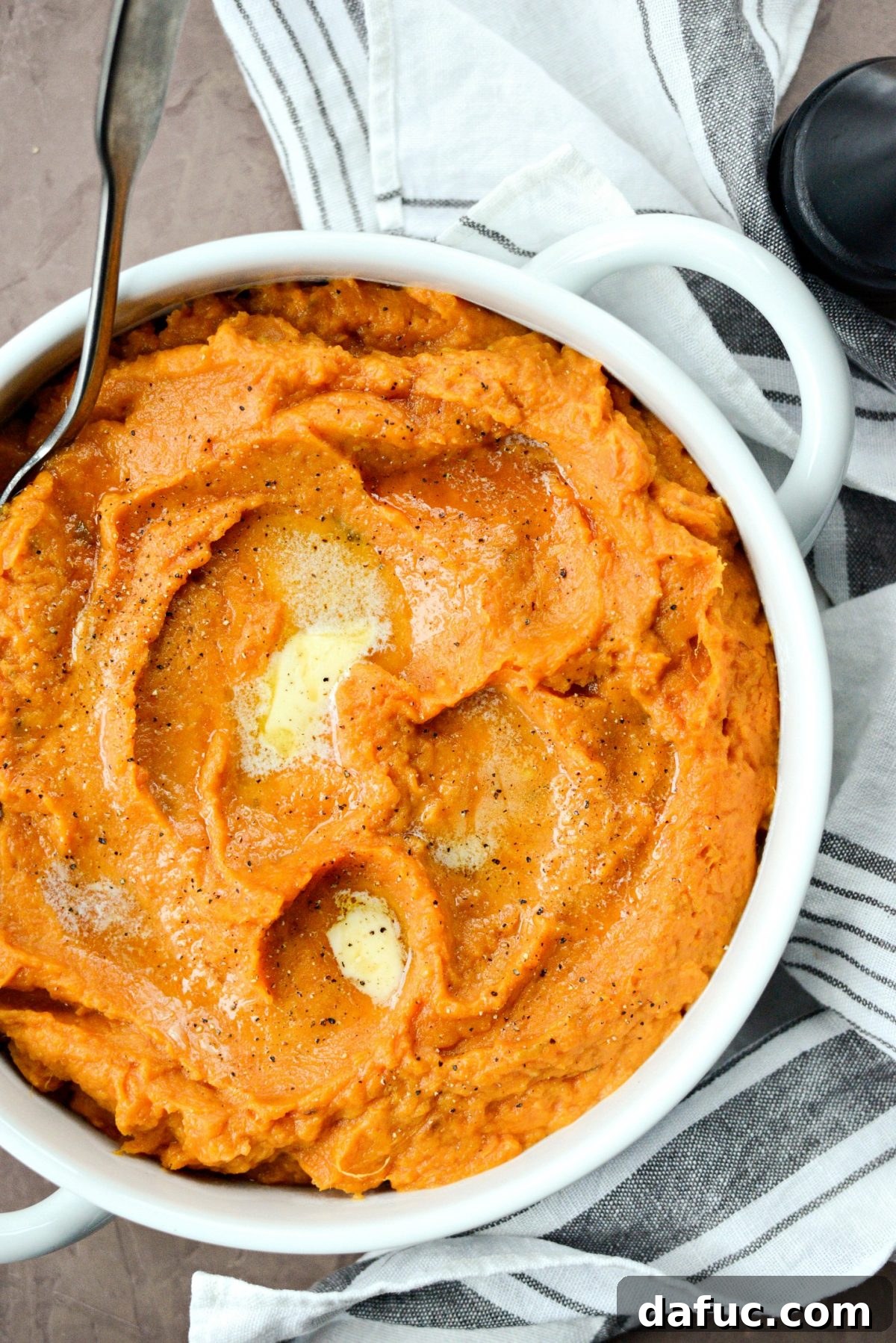 Silky Maple Sweet Potato Mash 14 Garnished Roasted Maple Sweet Potato Mash, highlighting its creamy texture and rich color