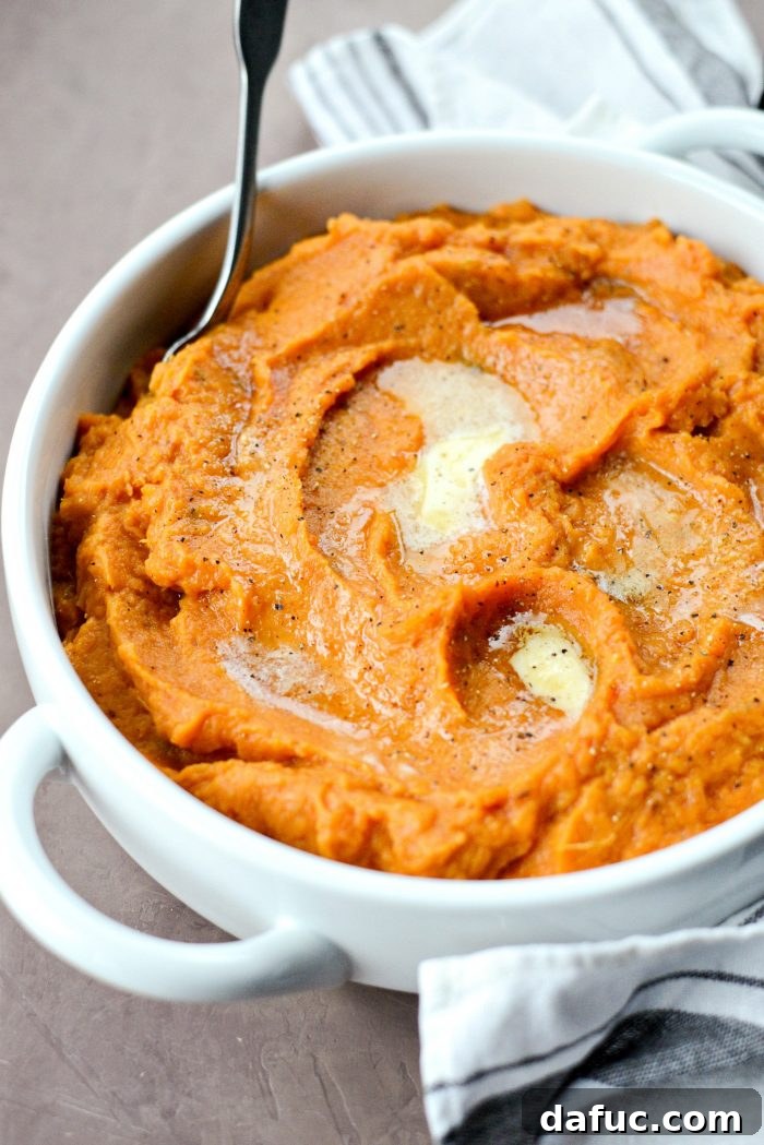 Silky Maple Sweet Potato Mash 3 Close-up of creamy Roasted Maple Sweet Potato Mash in a serving dish