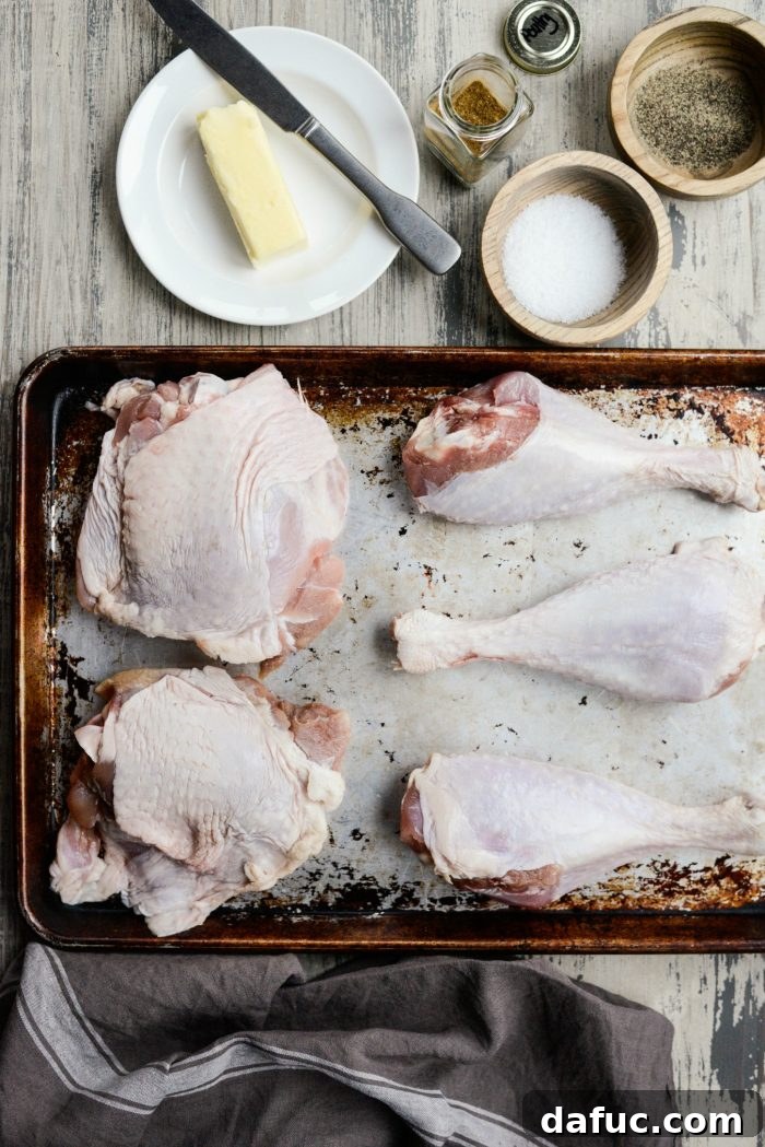 Ingredients for One-Pan Roasted Turkey Thighs and Drumsticks laid out on a kitchen counter