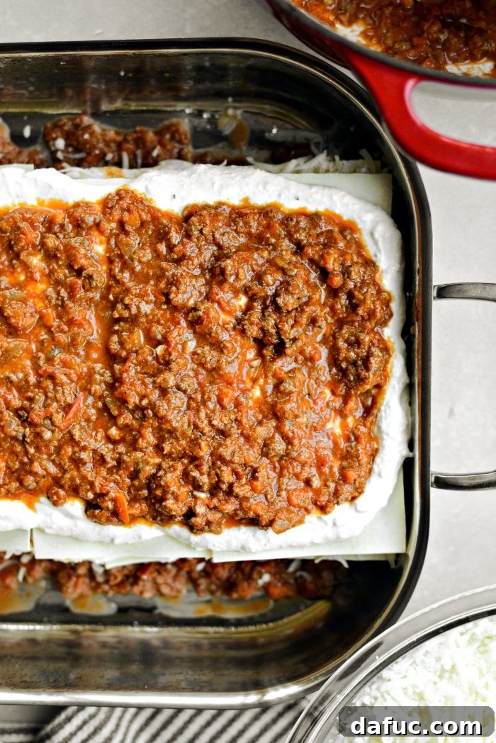 Third layer of the Homemade Three-Meat Bolognese Lasagna