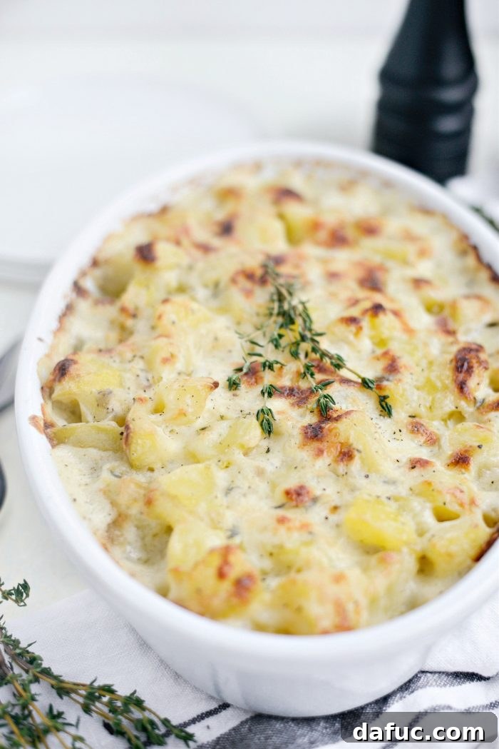Gruyere Potato Gratin 19 Close-up of golden brown Cheesy Gruyere Potatoes with crispy edges, fresh out of the oven.