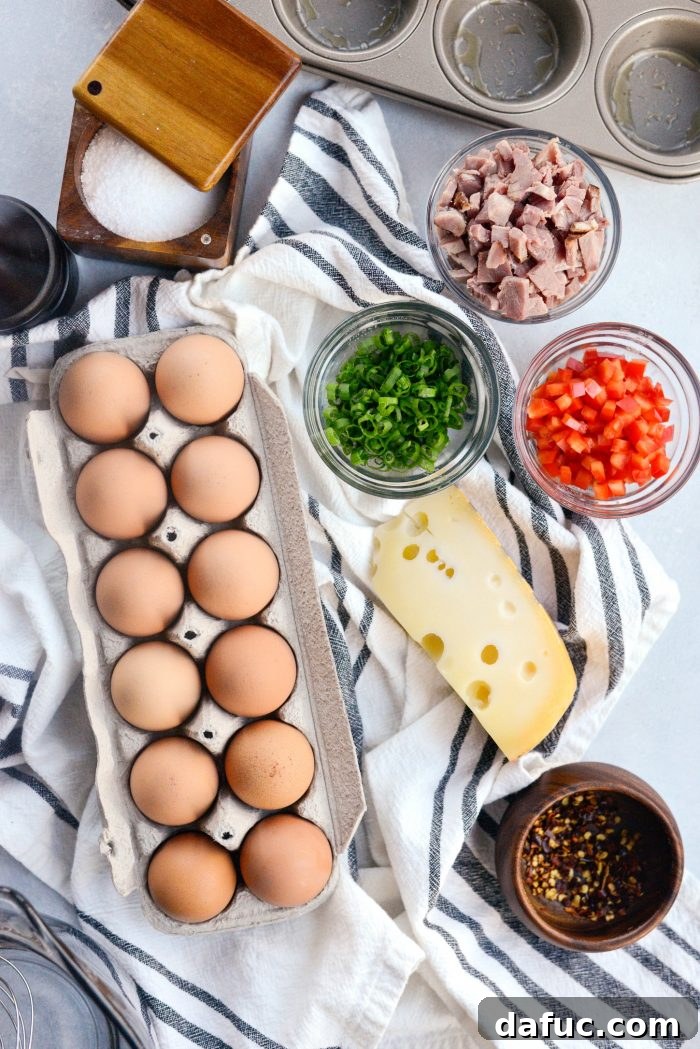 Ingredients for Mini Western Omelet Frittatas laid out