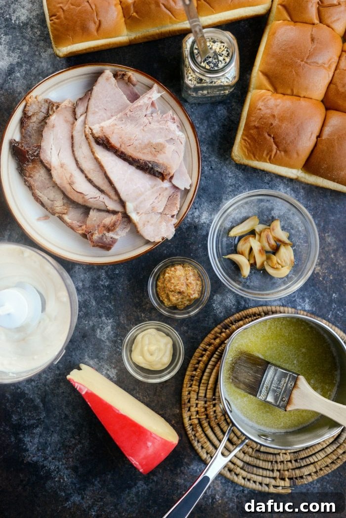 Gourmet Ham and Gouda Bites with Zesty Roasted Garlic Dijon 4 Ingredients for Ham and Gouda Party Sandwiches laid out