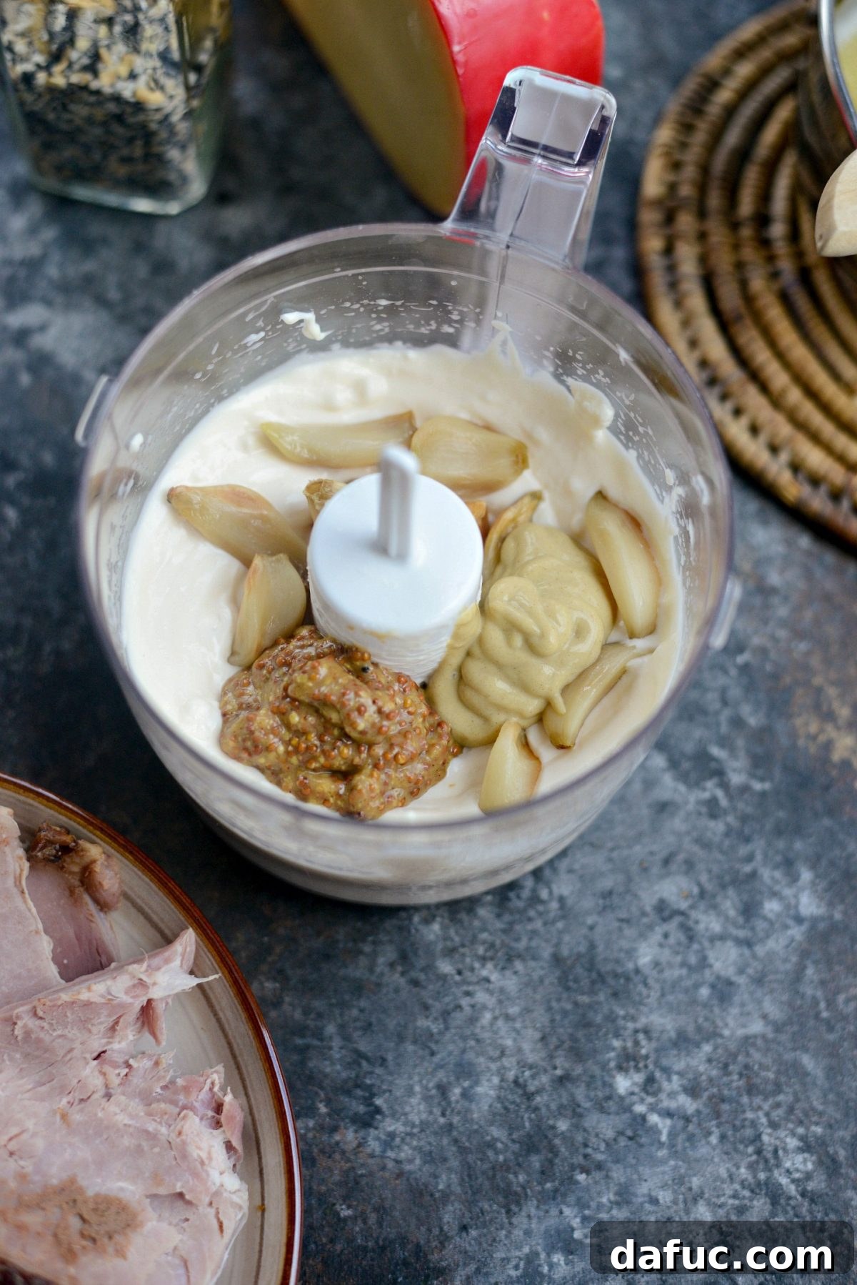 Gourmet Ham and Gouda Bites with Zesty Roasted Garlic Dijon 5 Ingredients for roasted garlic mayo in a mini food processor