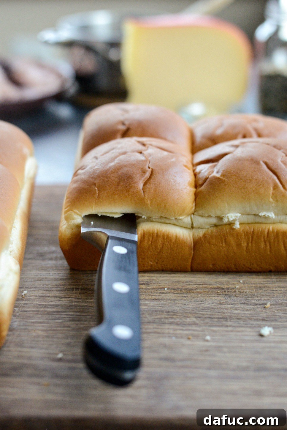 Gourmet Ham and Gouda Bites with Zesty Roasted Garlic Dijon 6 Dinner rolls sliced in half horizontally