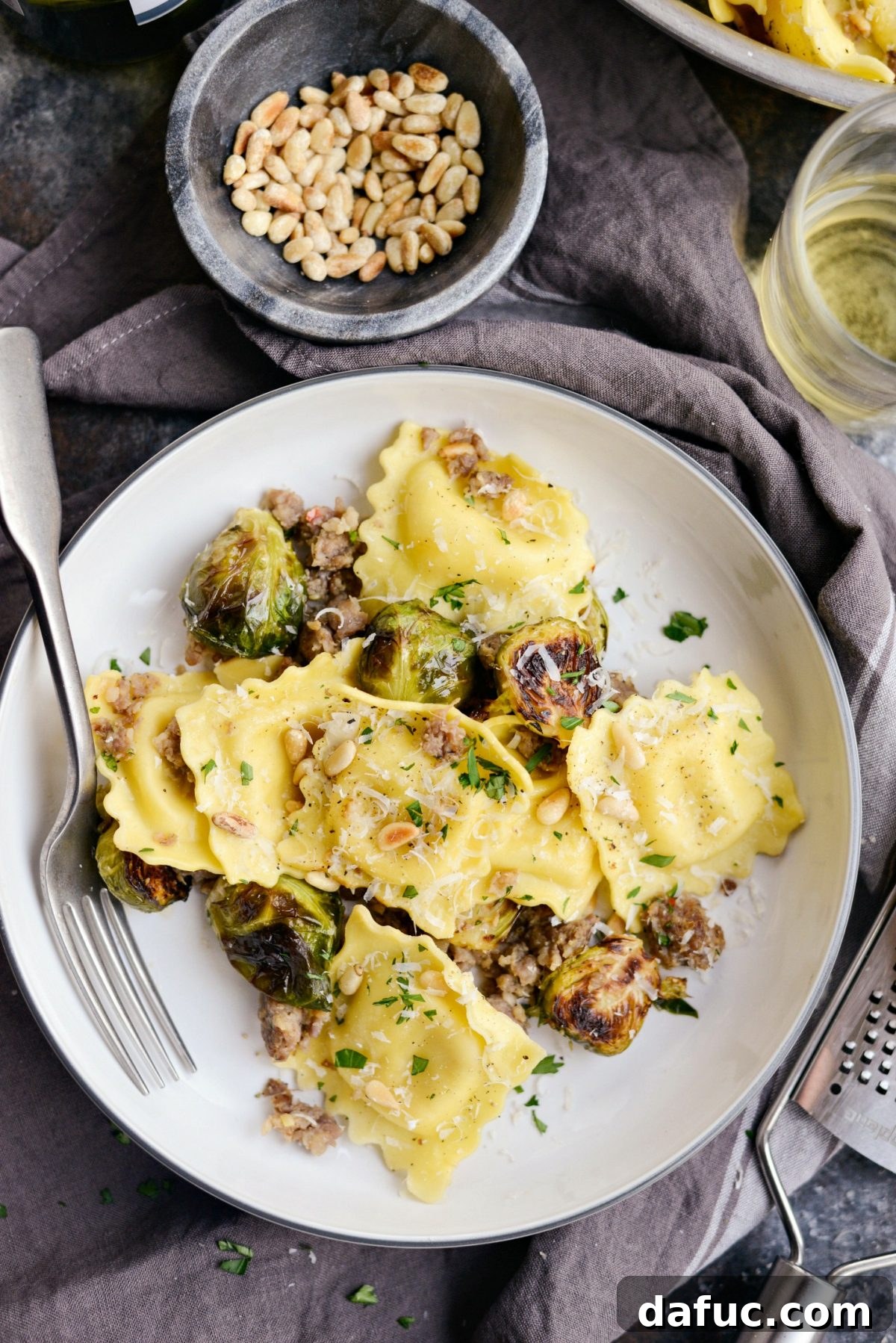 Hearty Italian Sausage Brussels Sprout Ravioli 14 Italian Sausage Brussels Sprout Ravioli in a serving bowl