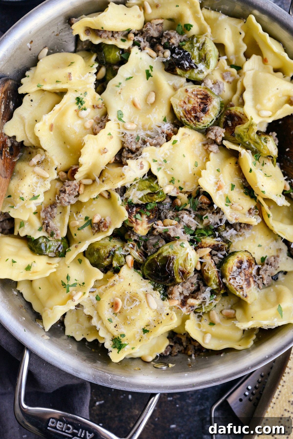 Hearty Italian Sausage Brussels Sprout Ravioli 15 Italian Sausage Brussels Sprout Ravioli plated, close-up