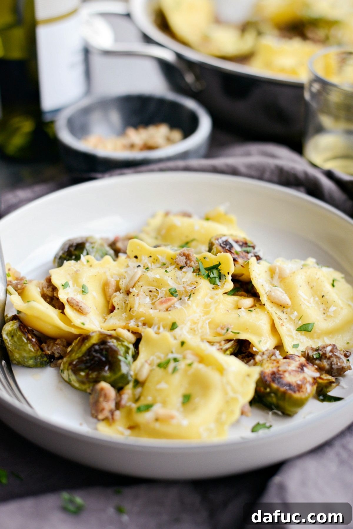 Hearty Italian Sausage Brussels Sprout Ravioli 17 Final plated Italian Sausage Brussels Sprout Ravioli