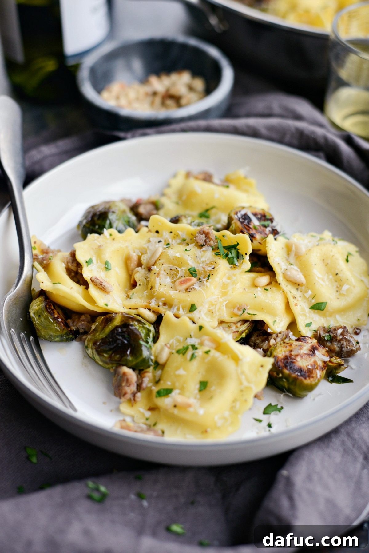 Hearty Italian Sausage Brussels Sprout Ravioli 3 Italian Sausage Brussels Sprout Ravioli, close-up