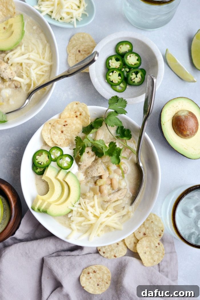Another appealing shot of Lighter White Chicken Chili in a bowl.