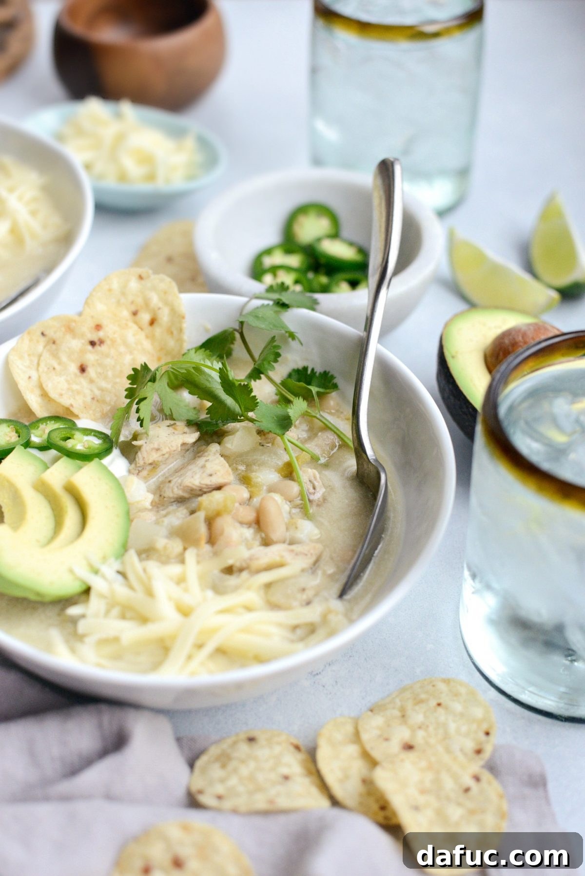 Final close-up of Lighter White Chicken Chili with vibrant toppings.