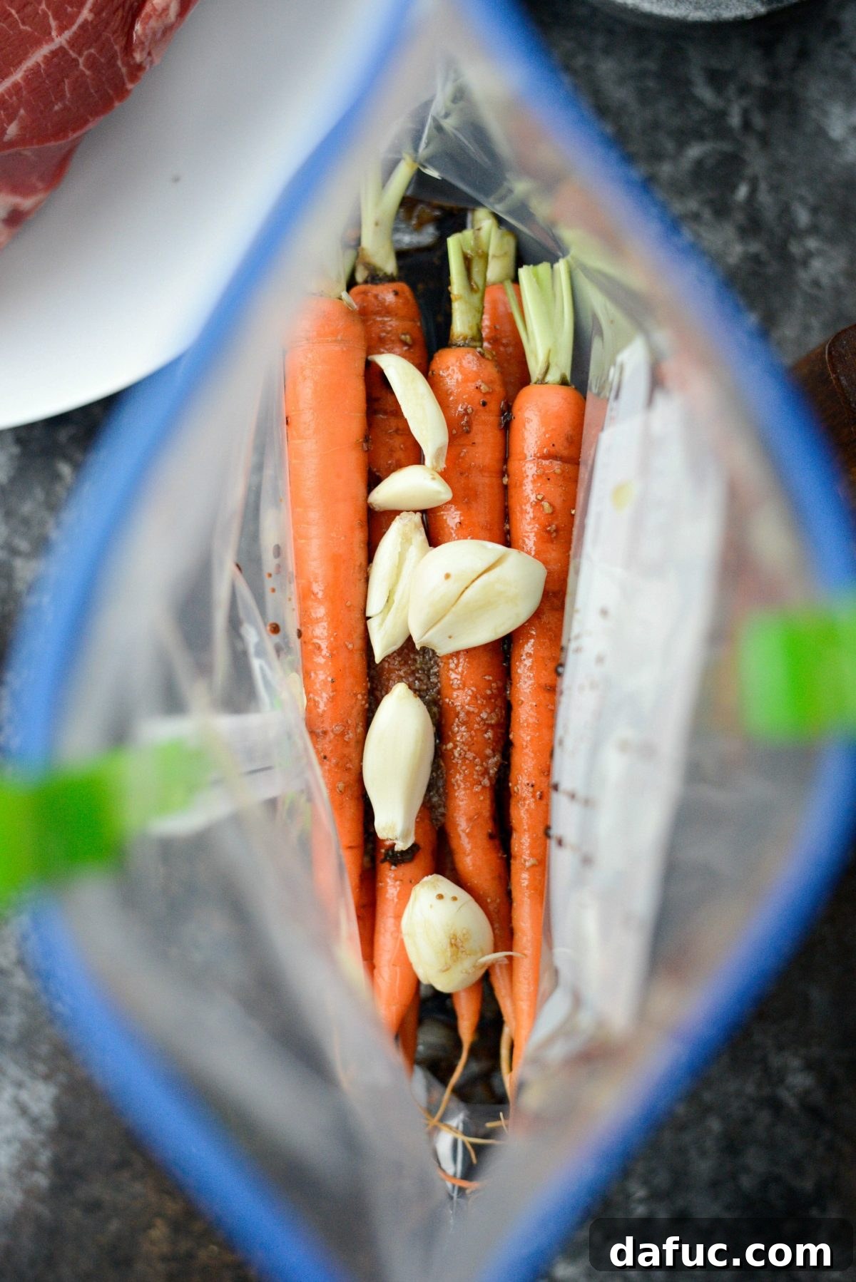 add carrots, garlic and balsamic mixture to freezer safe bag