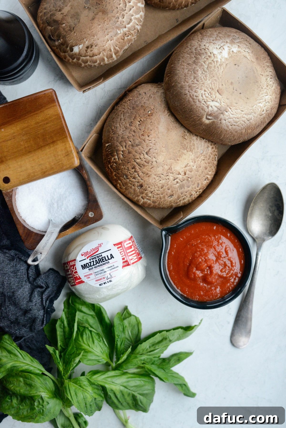 Caprese Stuffed Roasted Portobello Caps 4 Ingredients laid out for Roasted Caprese Portobello Mushrooms recipe