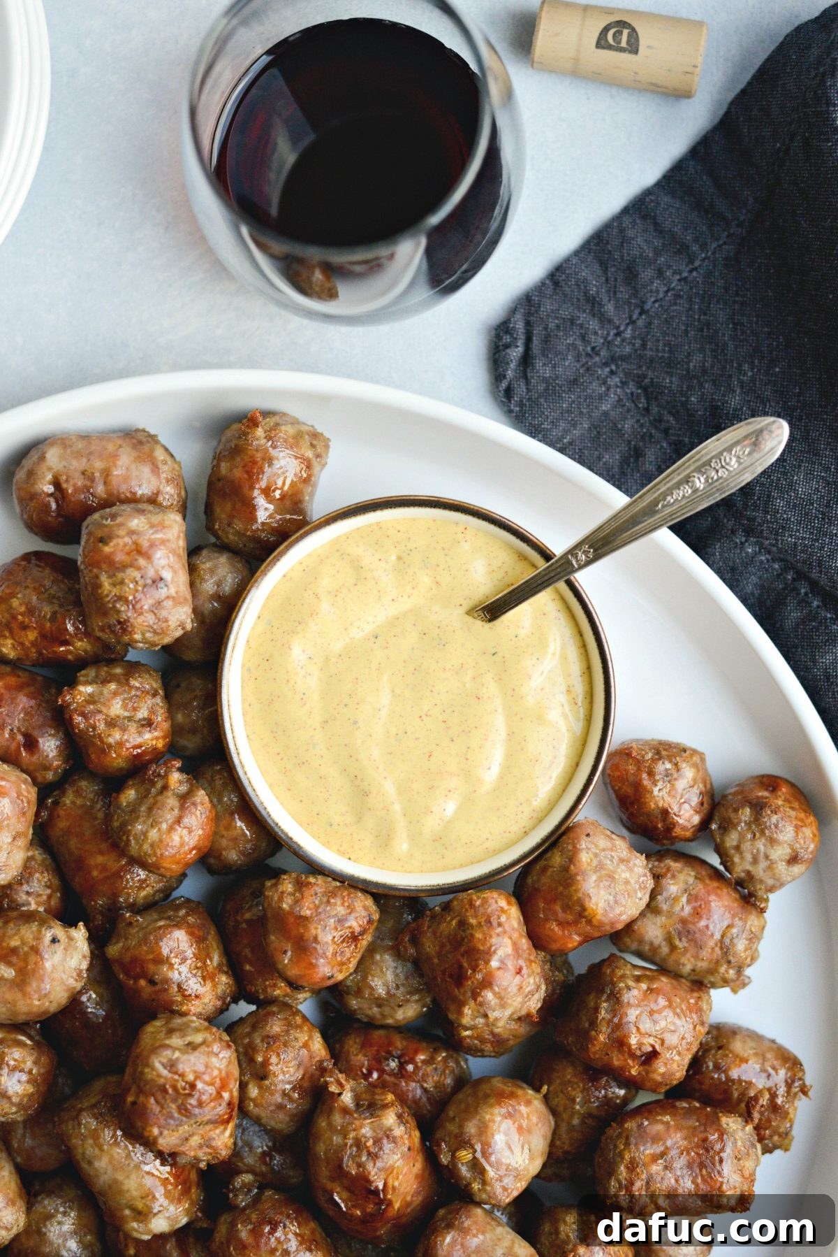 Platter of Chardonnay Italian Sausage Bites with dip