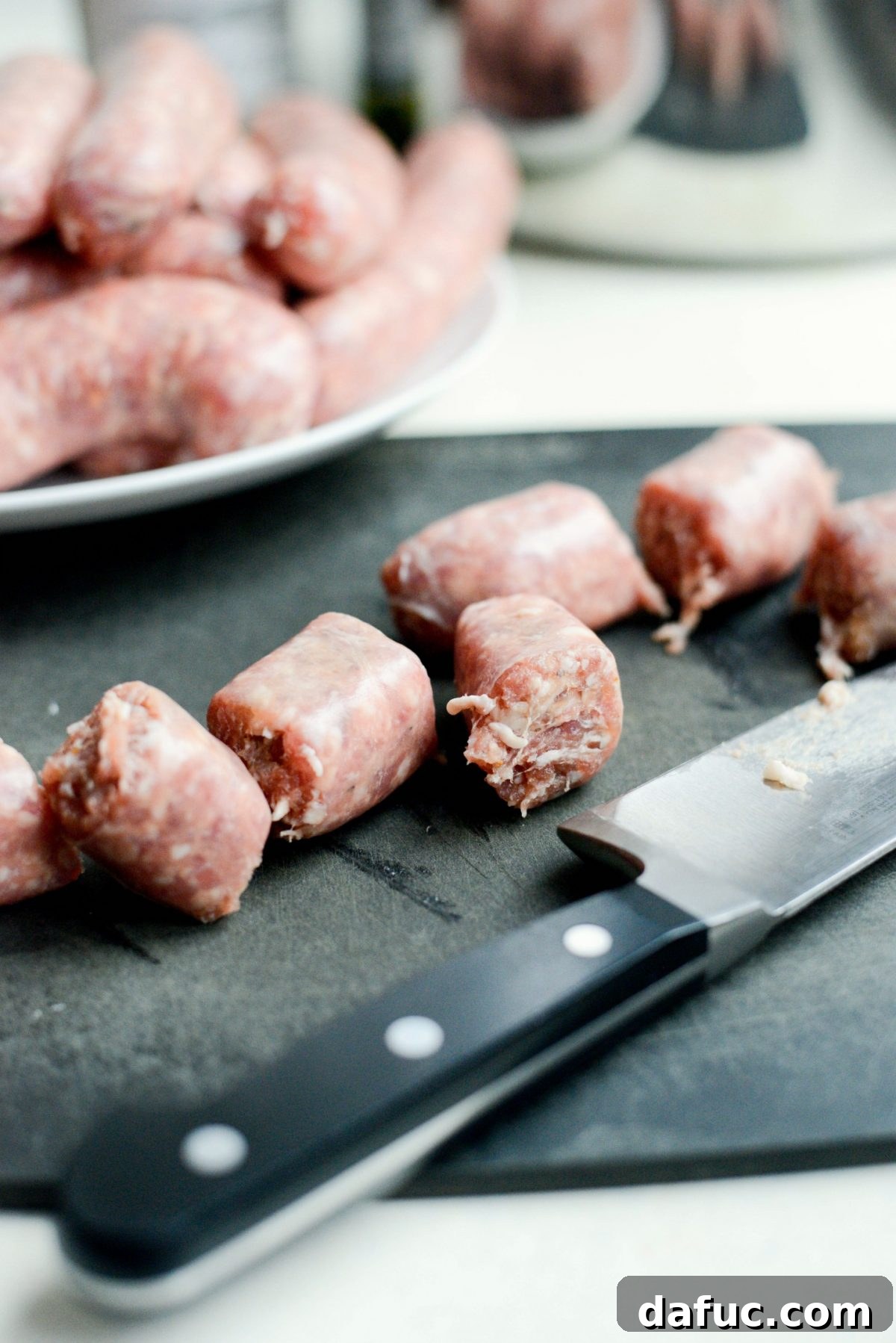 Slicing Italian sausages into bite-sized pieces