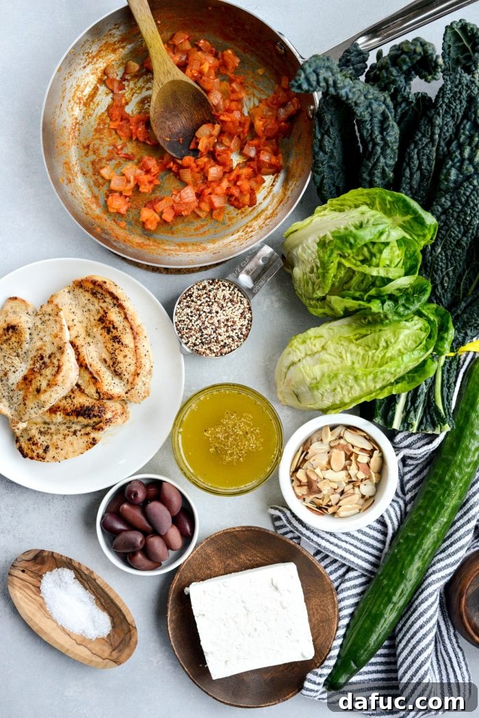 Ingredients for Modern Greek Kale Salad laid out