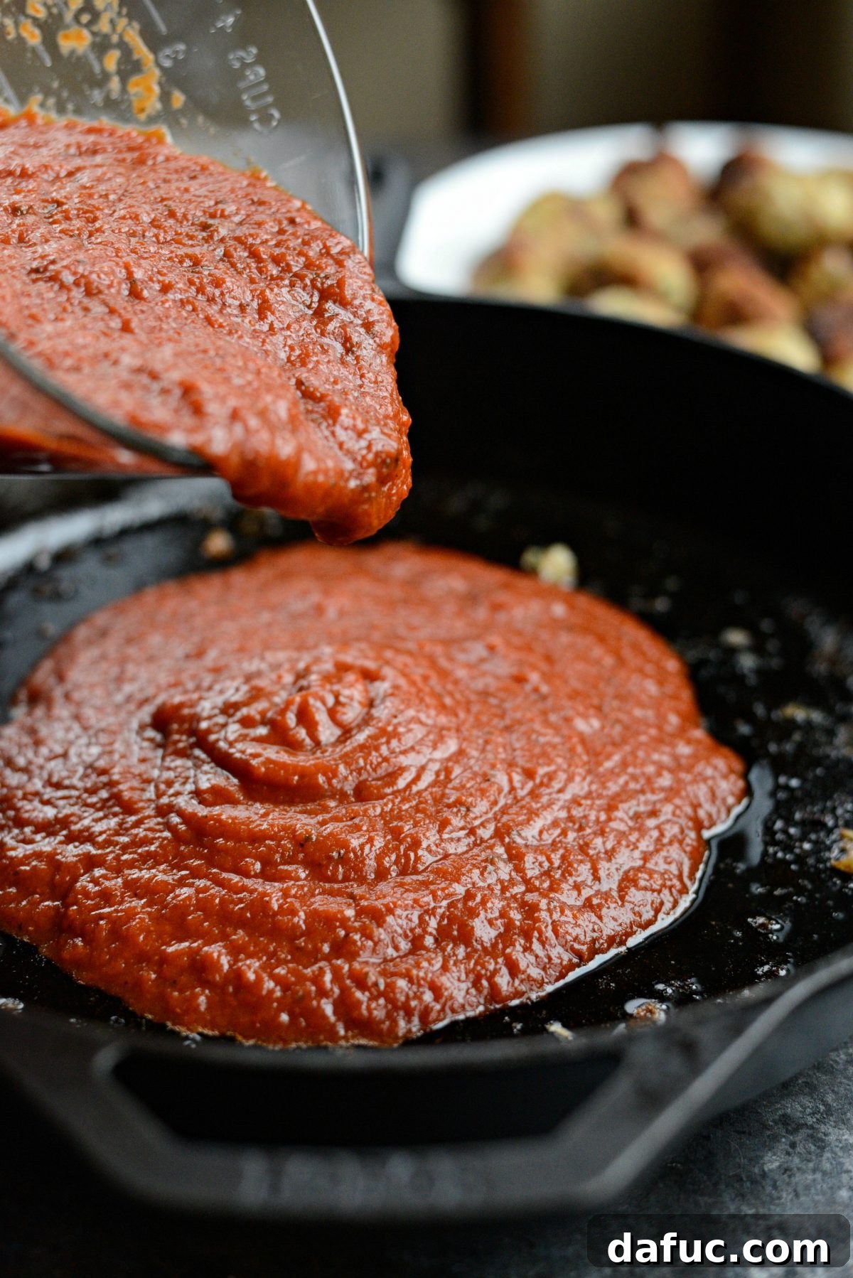 Chicken Parm Skillet Meatballs 13 Marinara sauce being poured into a cooled cast iron skillet.