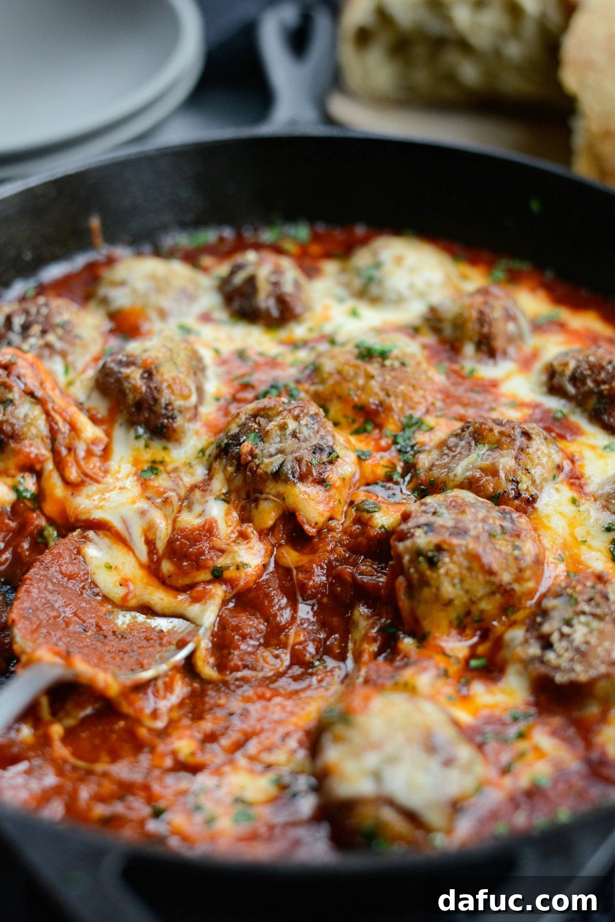 Chicken Parm Skillet Meatballs 20 Skillet Chicken Parmesan Meatballs presented beautifully in the cast iron skillet.
