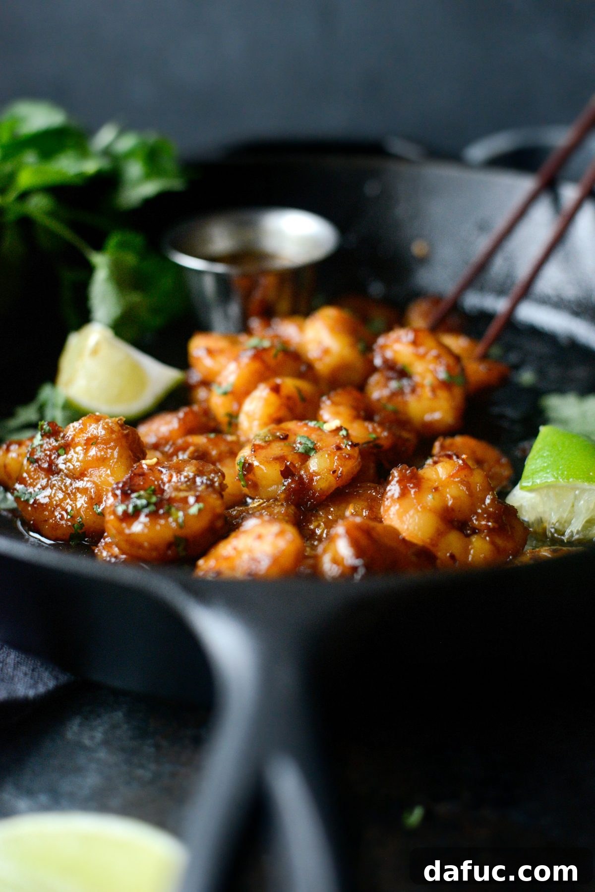 Beautifully plated Glazed Hot Honey Garlic Shrimp, close up