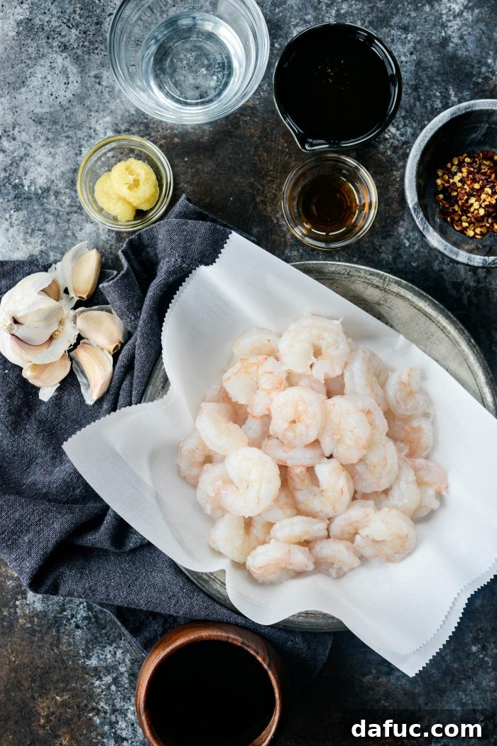 Ingredients laid out for Glazed Hot Honey Garlic Shrimp recipe