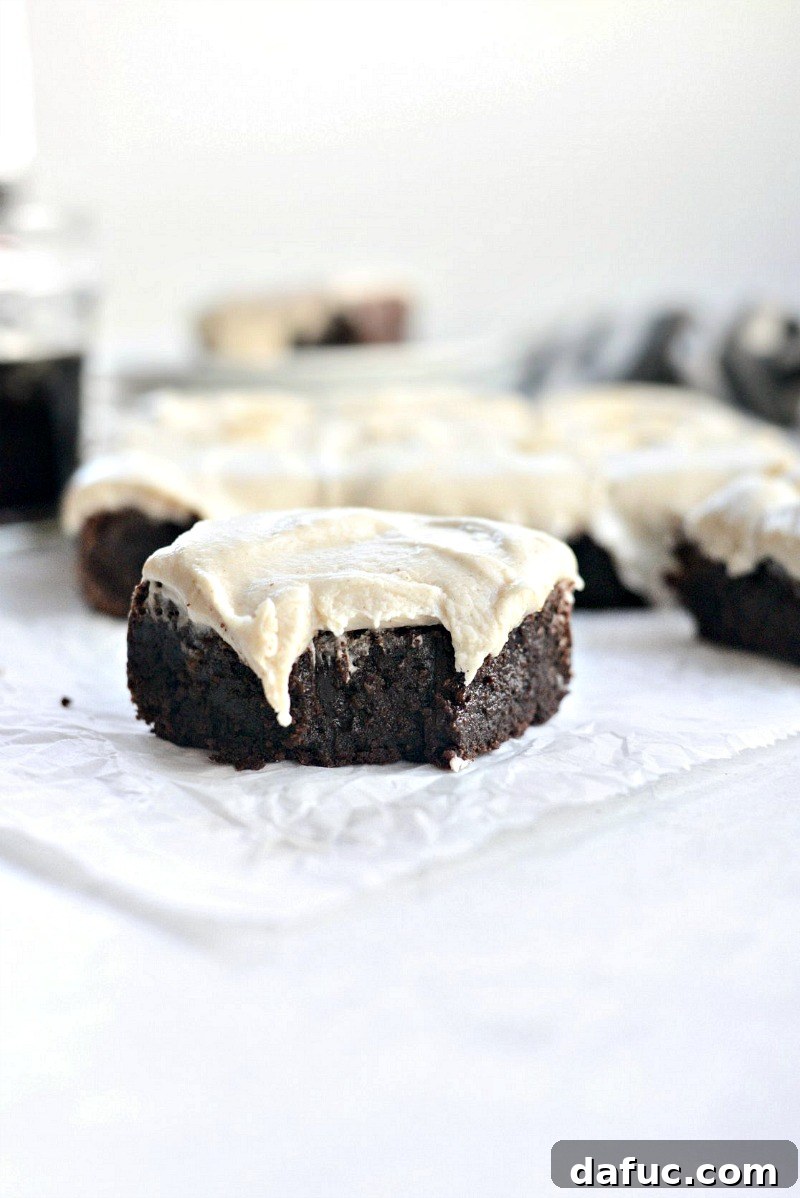 Full image of a batch of Chocolate Guinness Brownies with Brown Butter Stout Frosting, cut into squares