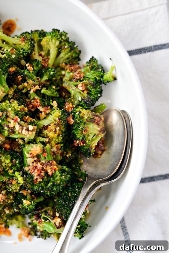 Final close-up of Roasted Broccoli with Chili Garlic Oil and Parmesan