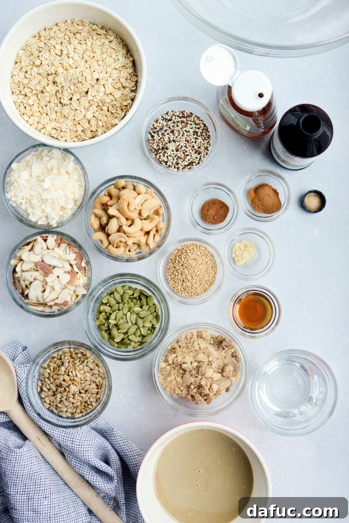Ingredients for homemade Tahini Nut and Seed Granola
