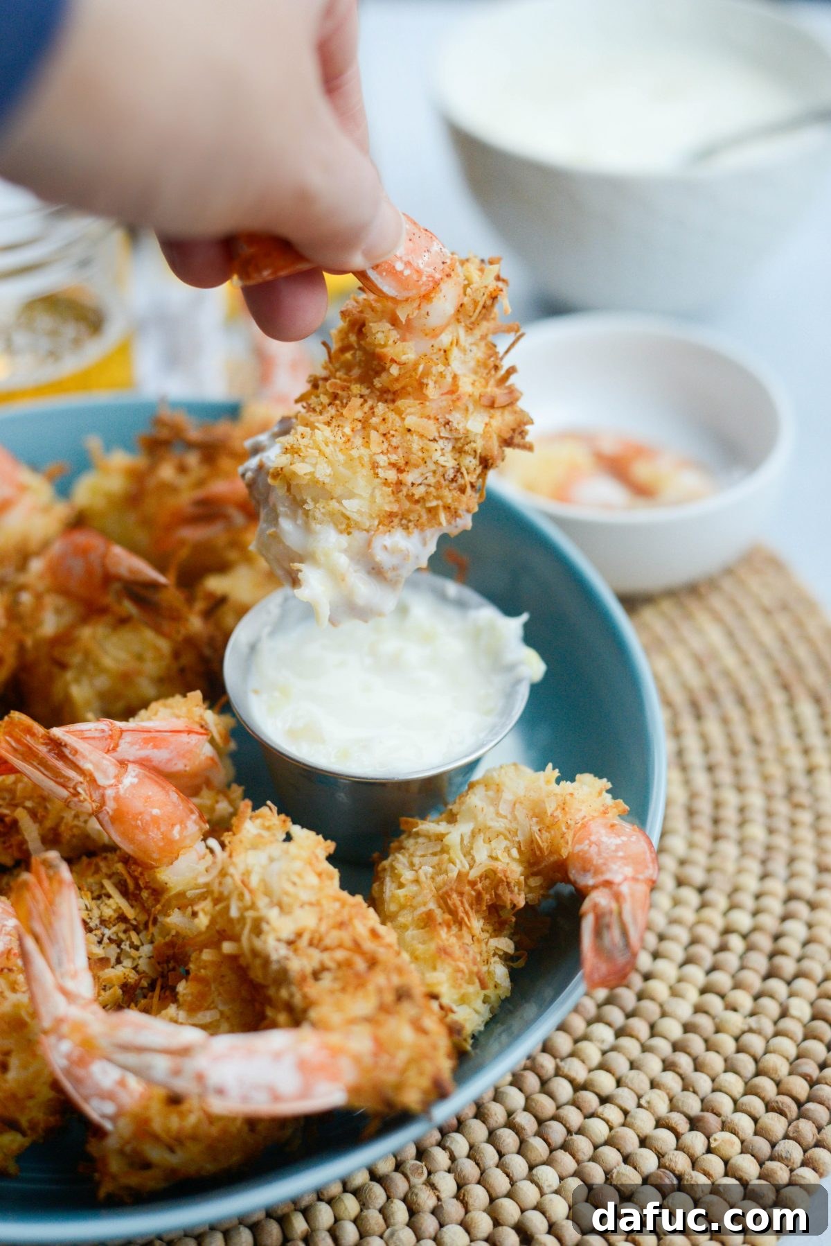 Tropical Crispy Air-Fried Coconut Shrimp with Pineapple Coconut Yogurt Dip 21 Air-Fryer Coconut Shrimp just dipped into Pineapple Coconut Yogurt Dip