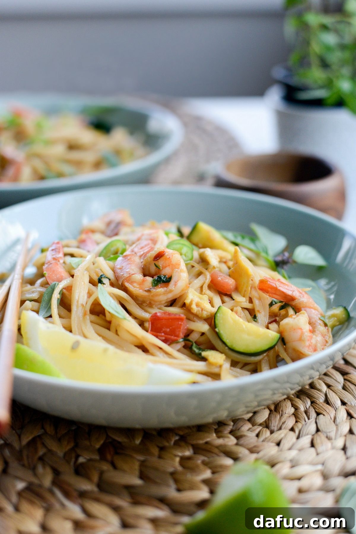 Plated Drunken Noodles with Shrimp and Zucchini