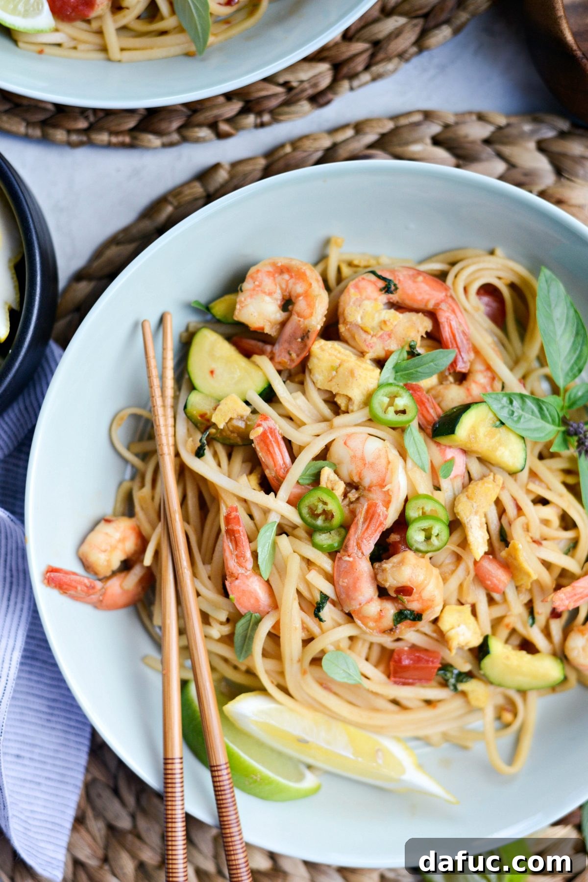 Close-up of Drunken Noodles with Shrimp and Zucchini