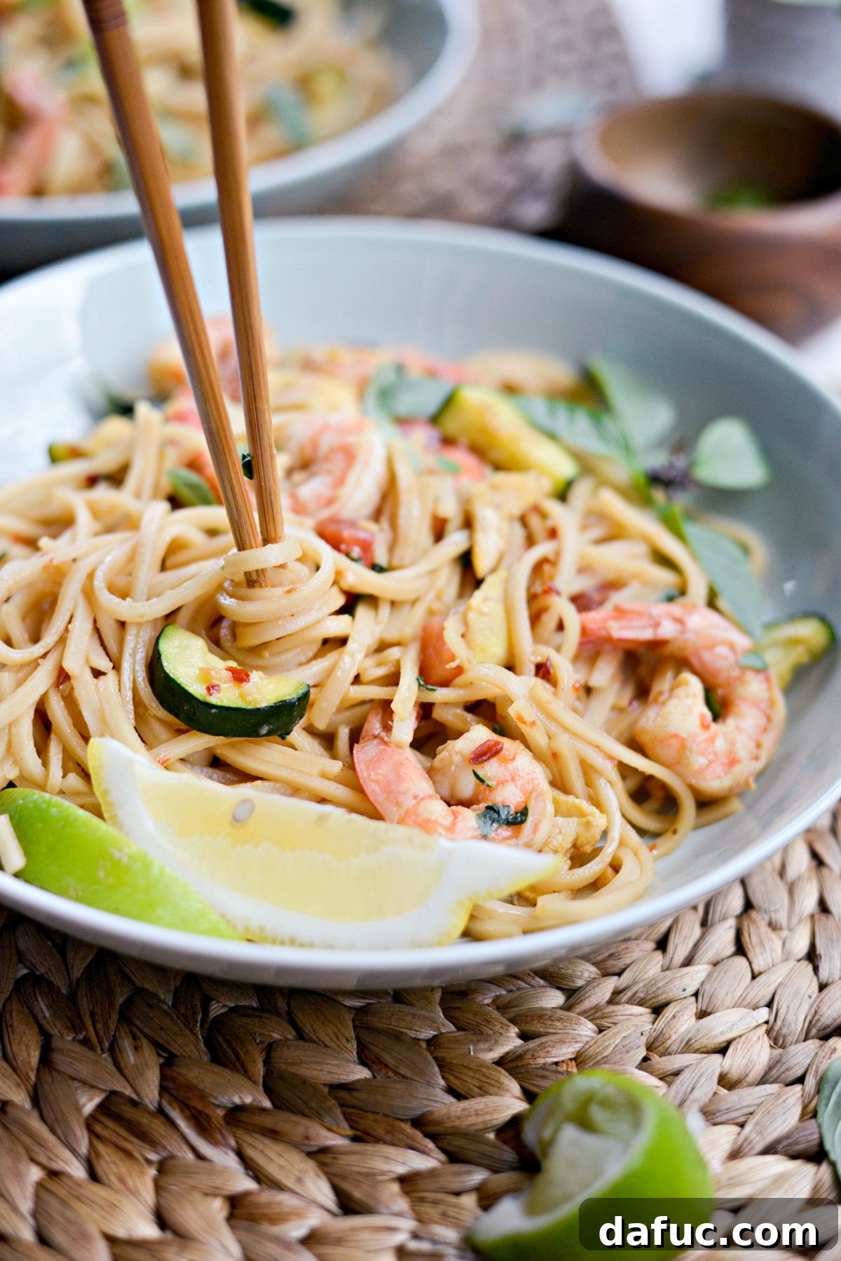 Drunken Noodles with Shrimp and Zucchini, a close-up of the finished dish