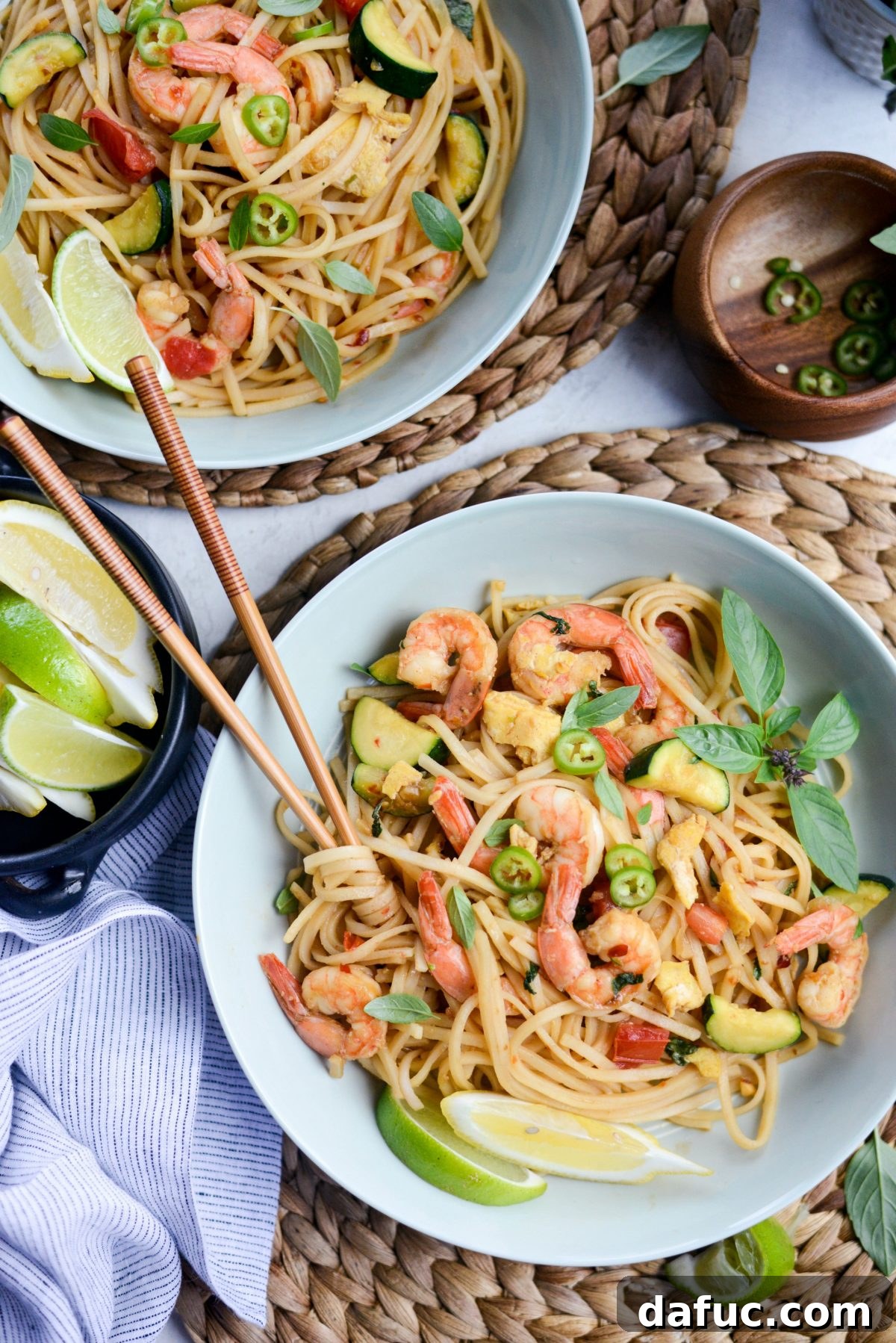 Final plated Drunken Noodles with Shrimp and Zucchini, garnished