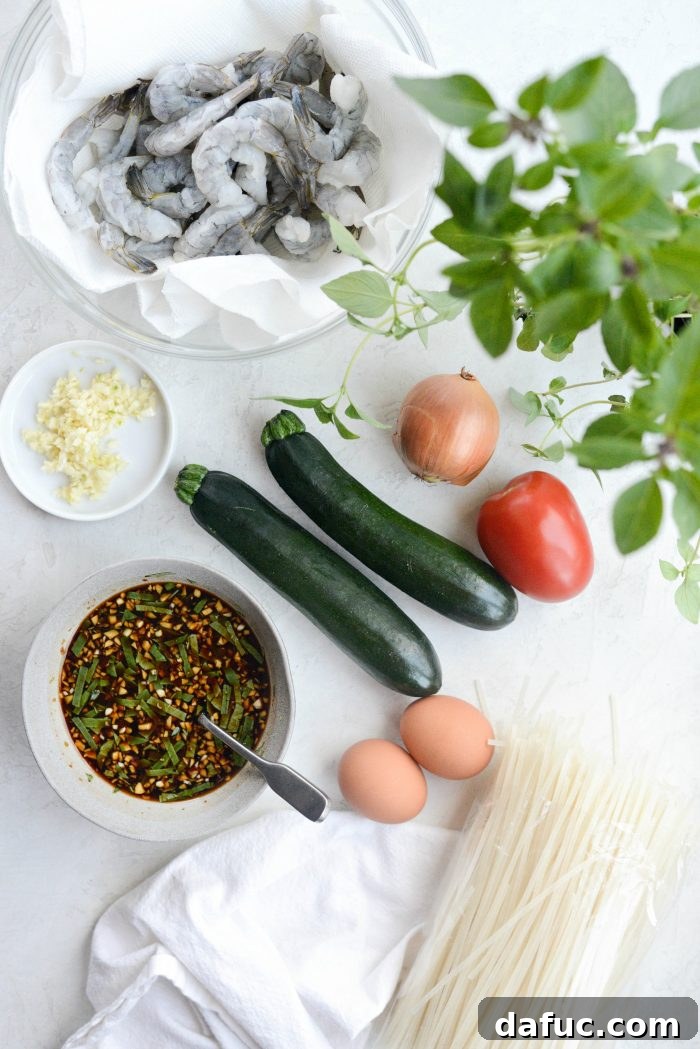 Ingredients for Drunken Noodles with Shrimp and Zucchini