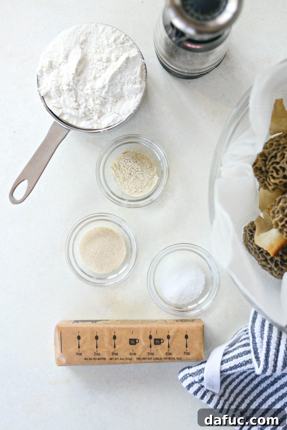 Spring's Wild Morel Sauté 11 Ingredients laid out for morel mushroom dredge