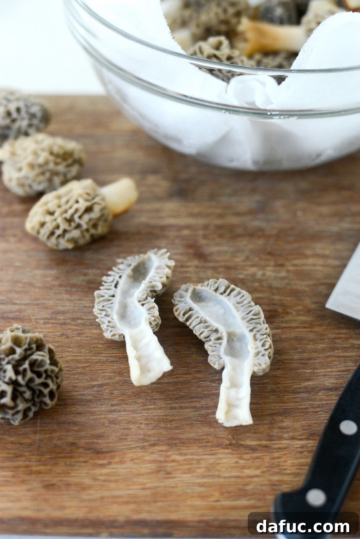 Spring's Wild Morel Sauté 9 Morel mushroom halves soaking in salt water for a second clean