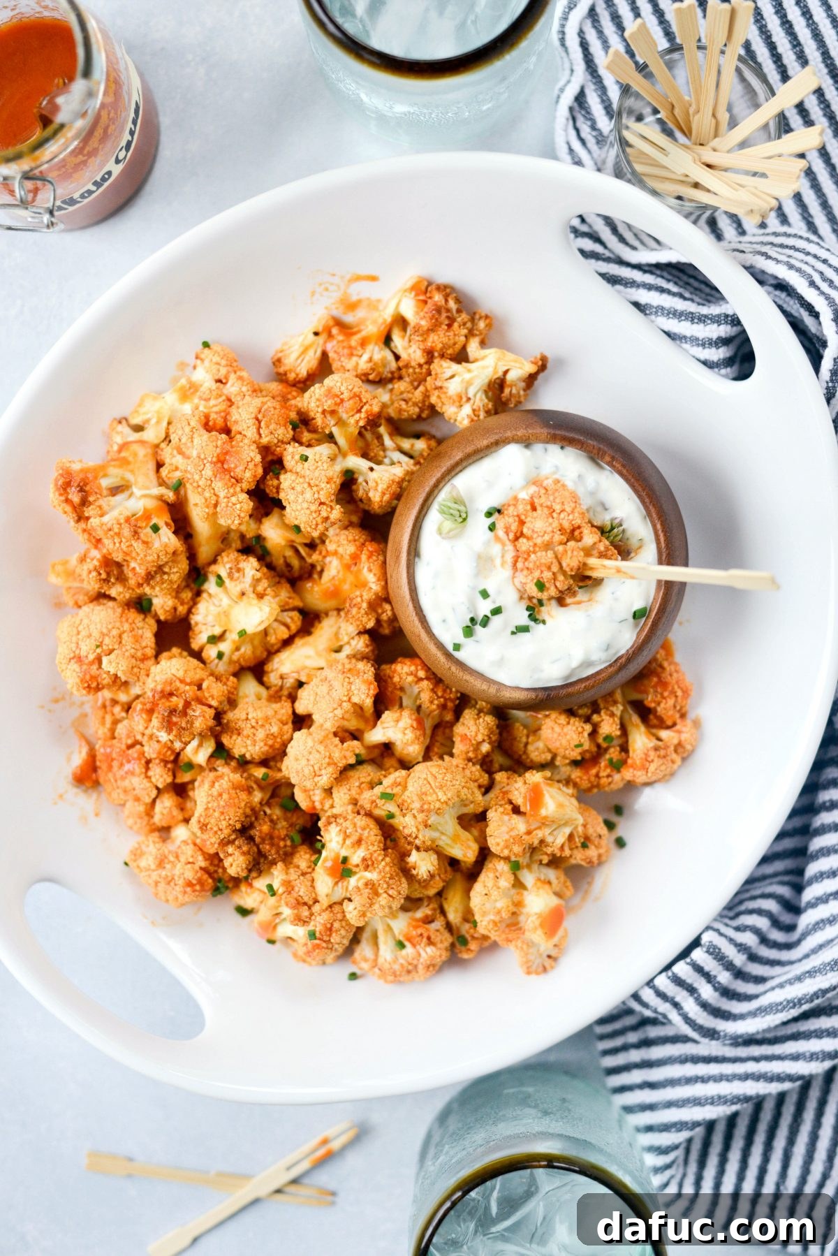 Crispy Air Fryer Buffalo Cauliflower Bites with Creamy Garlic Blue Cheese Dip - SimplyScratch.com