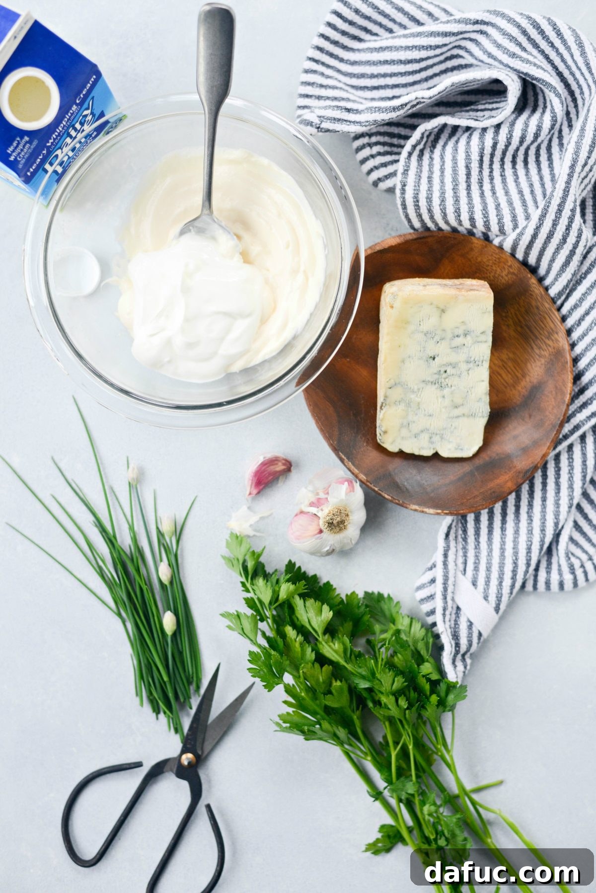 Ingredients for homemade Garlic Blue Cheese Dip laid out