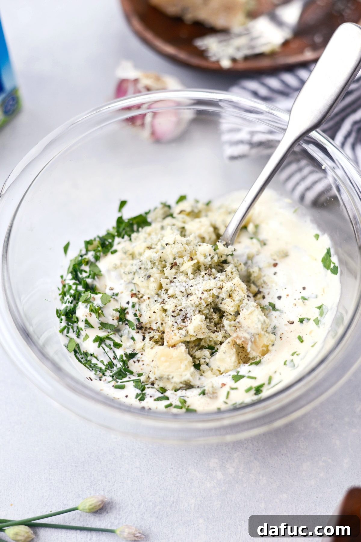 Finished Garlic Blue Cheese Dip chilling in a bowl