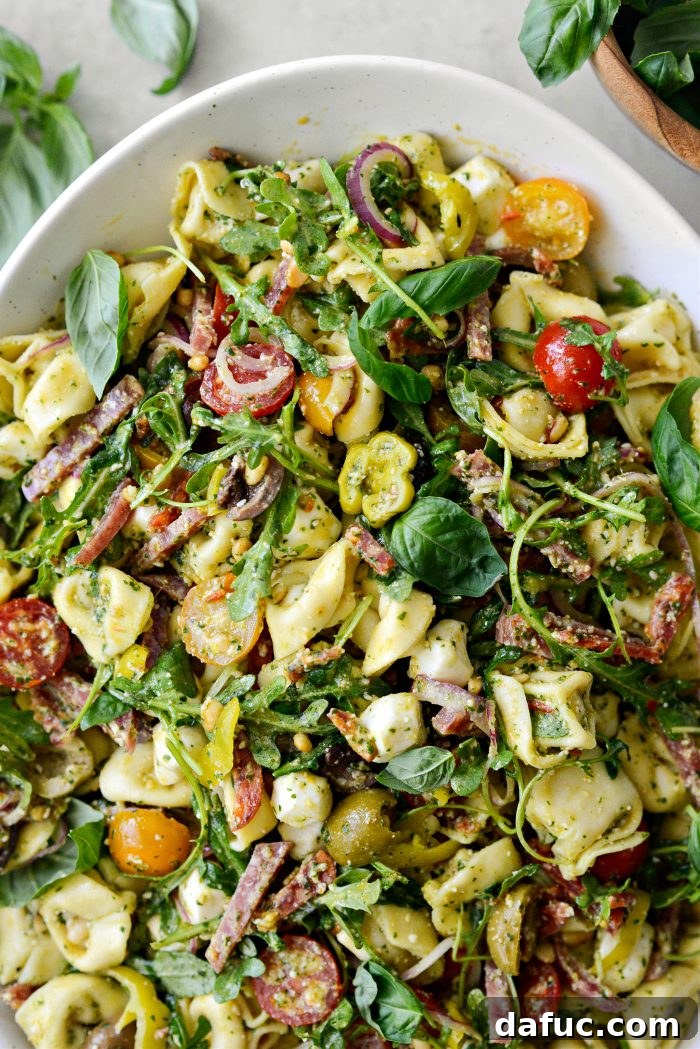 Italian Tortellini Pasta Salad, close up shot of the salad in a bowl