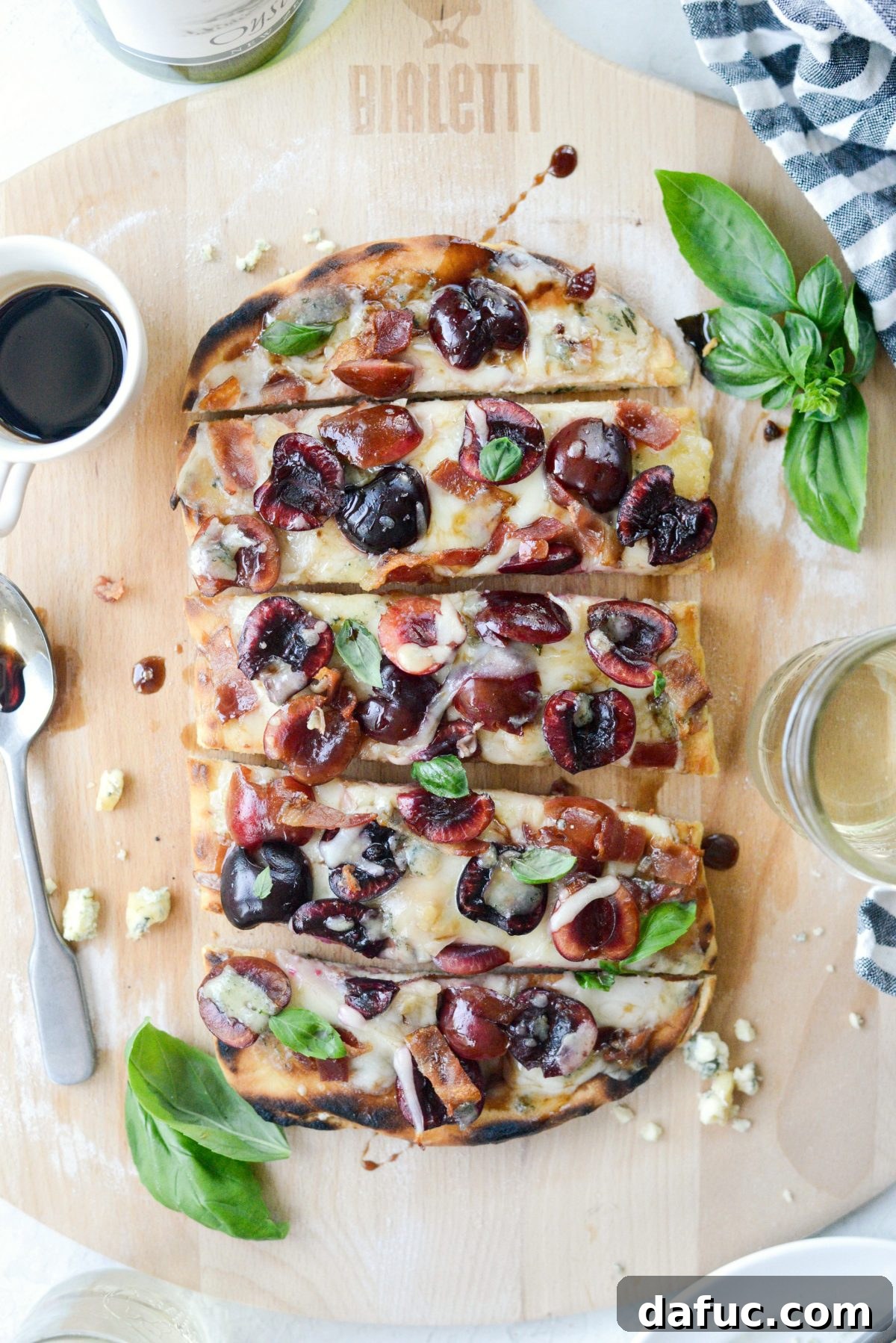Delicious Grilled Cherry Gorgonzola Flatbread Pizza with Fresh Cherries and Bacon