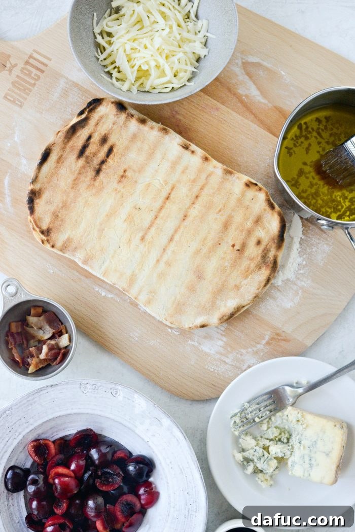 Ingredients laid out for Grilled Cherry Gorgonzola Flatbread Pizza