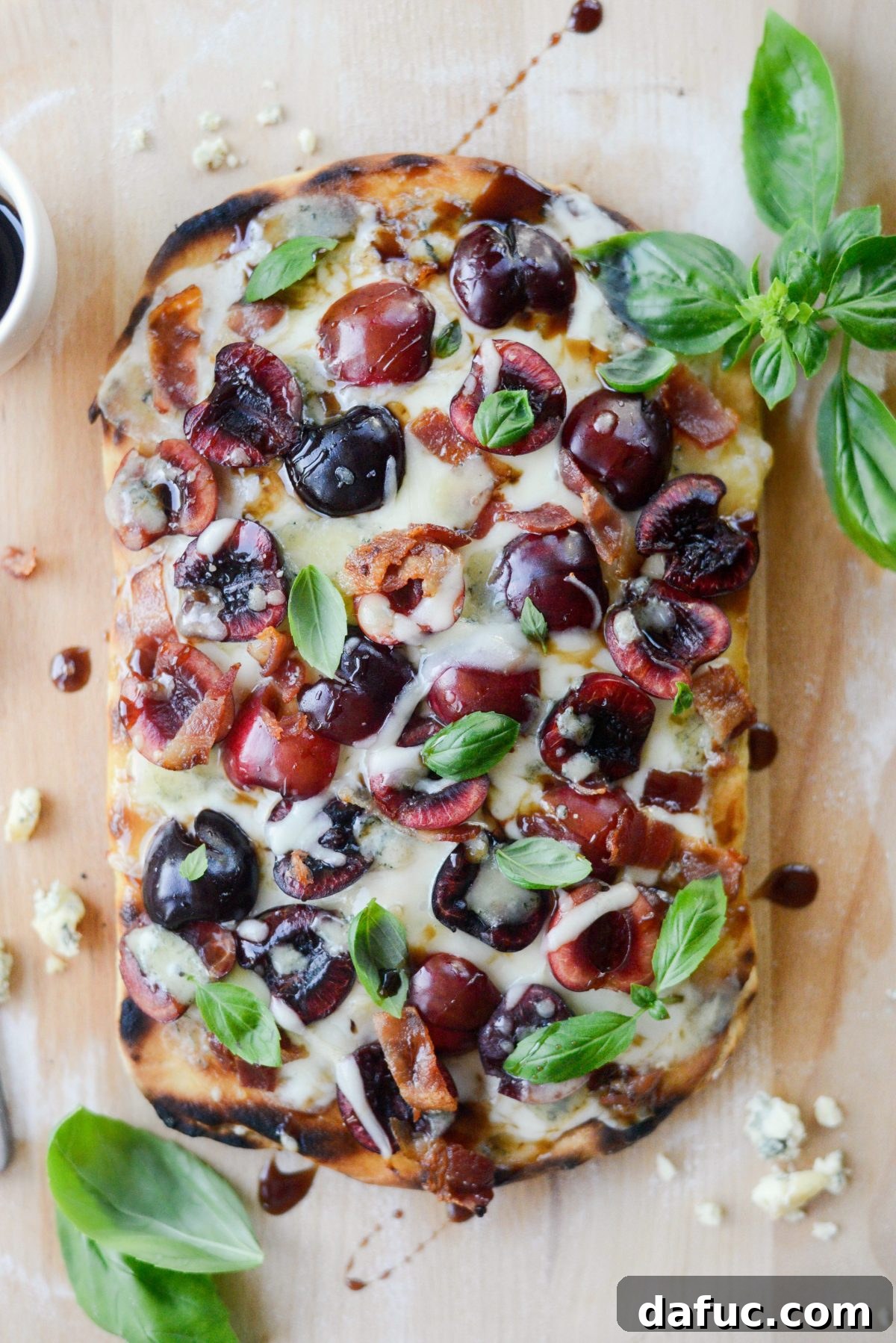 Finished Grilled Cherry Gorgonzola Flatbread Pizza, ready for serving