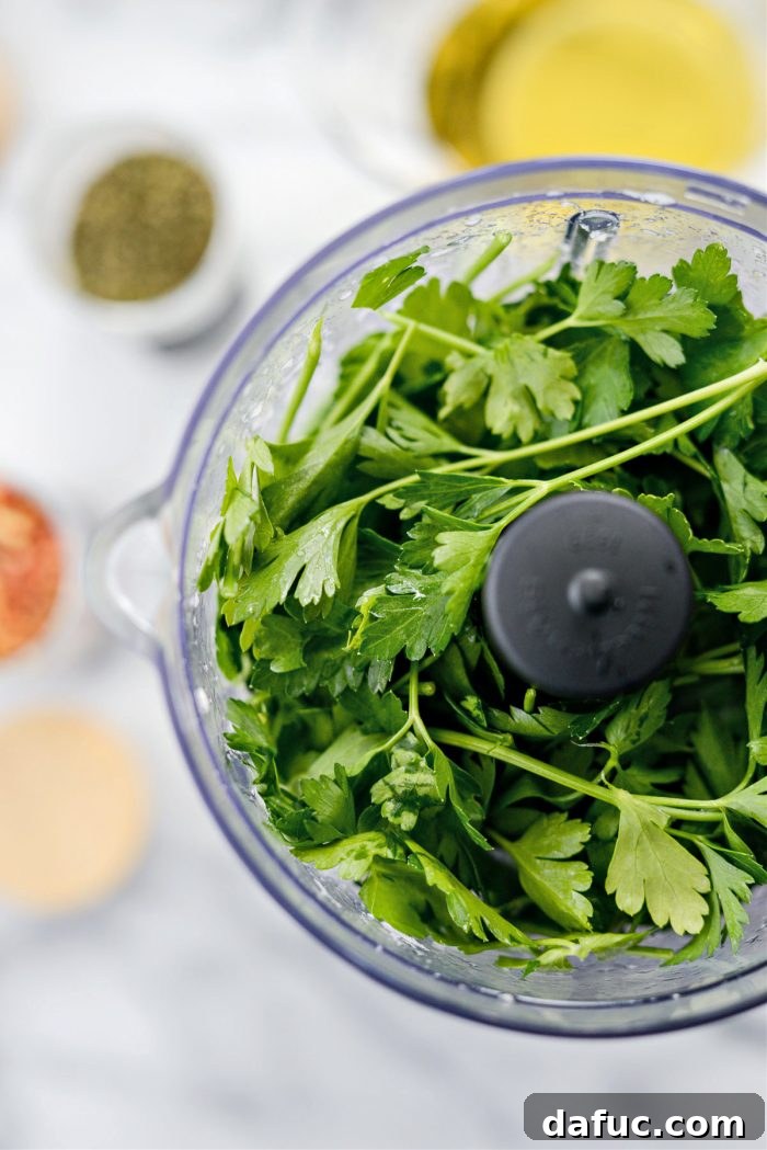 Garden Fresh Chimichurri 6 Adding fresh parsley to the food processor for chimichurri